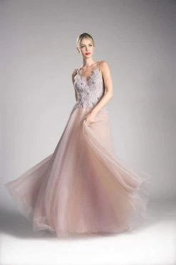 Cinderella Divine - Appliqued V-neck Tulle A-line Dress