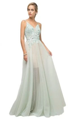 Cinderella Divine - Appliqued V-neck Tulle A-line Dress
