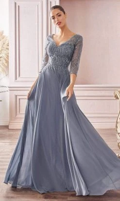 Cinderella Divine - CD0171 Sheer Quarter Beaded Chiffon A-Line Gown