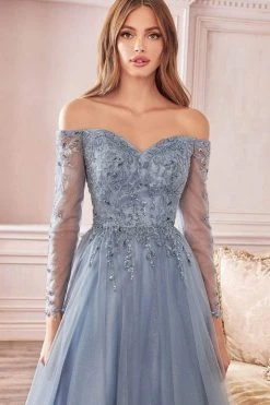 Cinderella Divine - CD0172 Off-Shoulder Beaded Glitter Tulle Gown