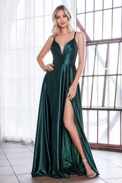 Cinderella Divine - CD903 Deep V-neck Satin A-line Gown