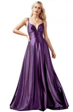 Cinderella Divine - CD903 Deep V-neck Satin A-line Gown