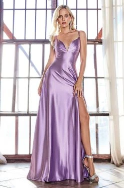 Cinderella Divine - CD903 Deep V-neck Satin A-line Gown