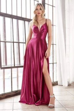 Cinderella Divine - CD903 Deep V-neck Satin A-line Gown