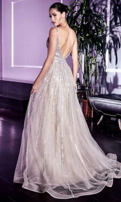 Cinderella Divine - CD940 Metallic Beaded V-Neck Long Gown