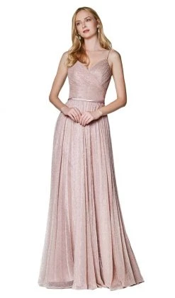 Cinderella Divine - CJ269 Shirred Surplice Metallic Knit A-Line Gown