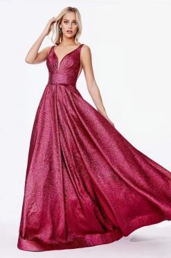 Cinderella Divine - CR850 Pleated Plunge Metallic A-Line Gown