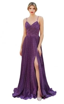 Cinderella Divine - V Neck Pleated Metallic A-Line Dress CJ534 - 1 Pc Mauve In Size 6 Available