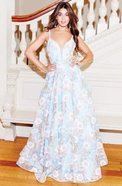 Clarisse - 3700 Embroidered Deep V-neck A-line Dress