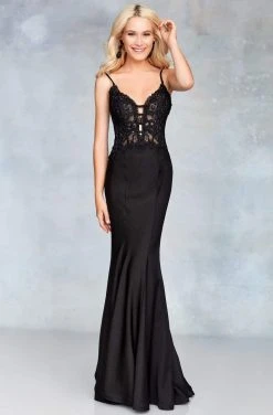 Clarisse - 5003 Lace Deep V-neck Stretch Satin Mermaid Dress