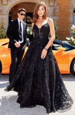 Clarisse - 5042 Sequined Deep V-neck A-line Dress