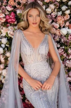 Clarisse - 5157 Sexy V-Neck Caped Bejeweled Trumpet Dress