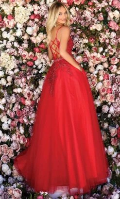 Clarisse - 800307 Floral Embroidered Plunging A-Line Gown