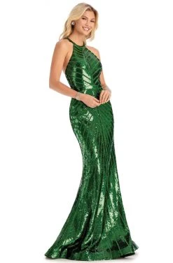 Clarisse - 8004 Halter Neck Chevron Sequined Mermaid Gown