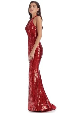 Clarisse - 8004 Halter Neck Chevron Sequined Mermaid Gown
