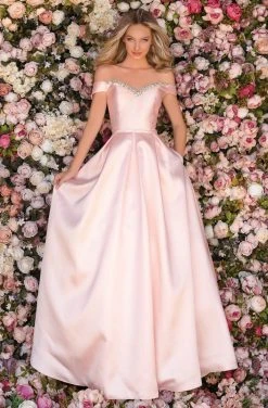 Clarisse - 8057 Off Shoulder Jeweled Crystal Neck Silk Gown