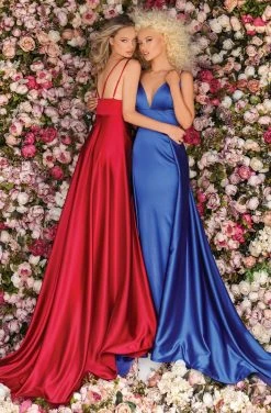 Clarisse - 8141 Deep V-neck Satin Sheath Dress With Train