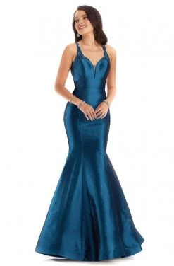 Clarisse - 8195 Beaded Deep V-neck Taffeta Trumpet Dress