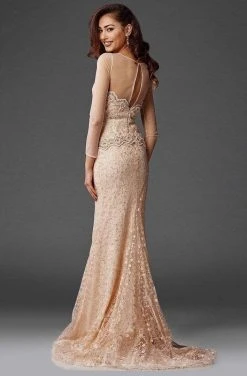 Clarisse - M6427 Mesh Sleeved Embroidered Long Gown