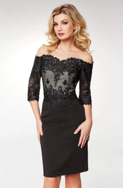 Clarisse - M6566 Lace Off-Shoulder Satin Sheath Knee Length Dress 7 Clarisse - M6566 Lace Off-Shoulder Satin Sheath Knee Length Dress