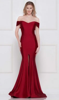 Colors Dress - 2107 Off Shoulder Front Slit Satin Mermaid Gown
