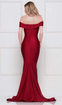 Colors Dress - 2107 Off Shoulder Front Slit Satin Mermaid Gown