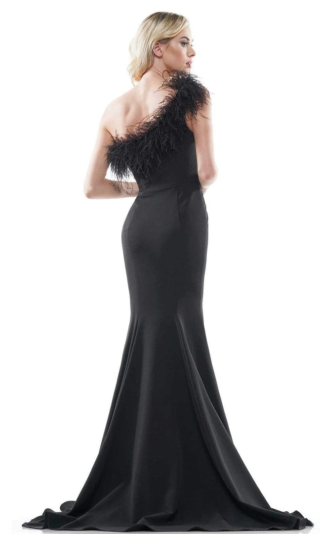 Colors Dress - 2405 Feathered One Shoulder Crepe Mermaid Dress 4 Colors Dress - 2405 Feathered One Shoulder Crepe Mermaid Dress