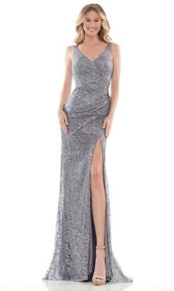 Colors Dress - G1074 V-Neck Ruched Sequin Dress