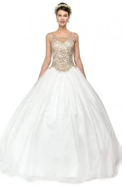 Dancing Queen - 1101 Gold Embroidered Illusion Neck Formal Ball Gown 20 Dancing Queen - 1101 Gold Embroidered Illusion Neck Formal Ball Gown