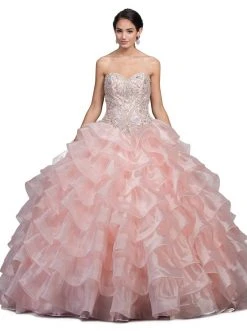 Dancing Queen - 1216 Strapless Bedazzled Sweetheart Ruffled Quinceanera Ballgown