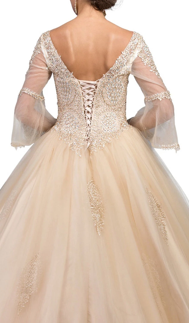 Dancing Queen - 1247 Sheer Trumpet Sleeve Wide V-neck Quinceanera Ballgown 6 Dancing Queen - 1247 Sheer Trumpet Sleeve Wide V-neck Quinceanera Ballgown