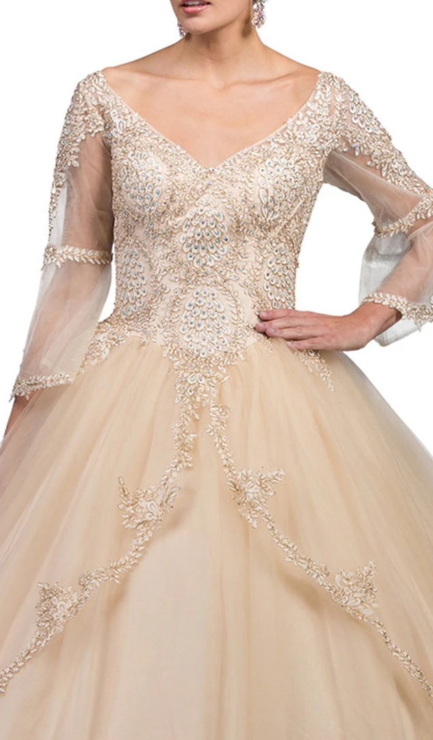 Dancing Queen - 1247 Sheer Trumpet Sleeve Wide V-neck Quinceanera Ballgown 4 Dancing Queen - 1247 Sheer Trumpet Sleeve Wide V-neck Quinceanera Ballgown