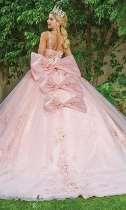 Dancing Queen - 1648 Bedazzled V Neck Gown With Bows And Train