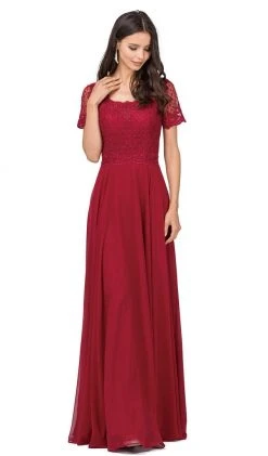 Dancing Queen - 2268 Short Sleeve Illusion Lattice Ornate A-Line Prom Gown