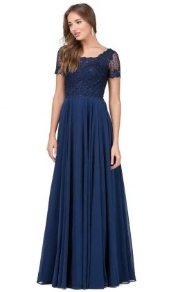 Dancing Queen - 2268 Short Sleeve Illusion Lattice Ornate A-Line Prom Gown