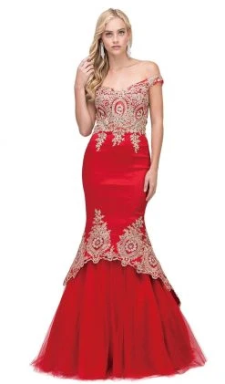 Dancing Queen - 2413 Lace Appliqued Portrait Mermaid Prom Gown