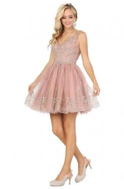 Dancing Queen - 3237 Sleeveless V Neck Lace Applique Cocktail Dress