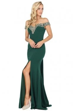 Dancing Queen - 4004 Lace Off Shoulder V Back High Slit Prom Dress