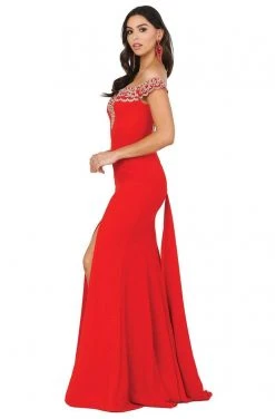 Dancing Queen - 4004 Lace Off Shoulder V Back High Slit Prom Dress