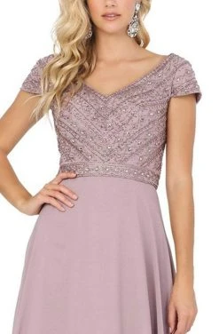 Dancing Queen - 4015 Short Sleeve Beaded Bodice Chiffon Gown