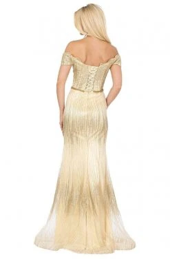 Dancing Queen - 4071 Off-Shoulder Metallic Appliqued High Slit Gown