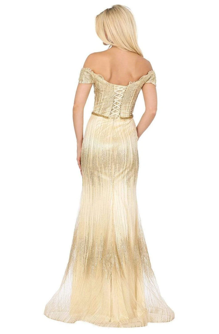 Dancing Queen - 4071 Off-Shoulder Metallic Appliqued High Slit Gown 4 Dancing Queen - 4071 Off-Shoulder Metallic Appliqued High Slit Gown