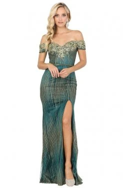 Dancing Queen - 4071 Off-Shoulder Metallic Appliqued High Slit Gown