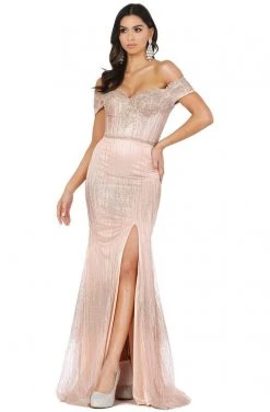 Dancing Queen - 4071 Off-Shoulder Metallic Appliqued High Slit Gown