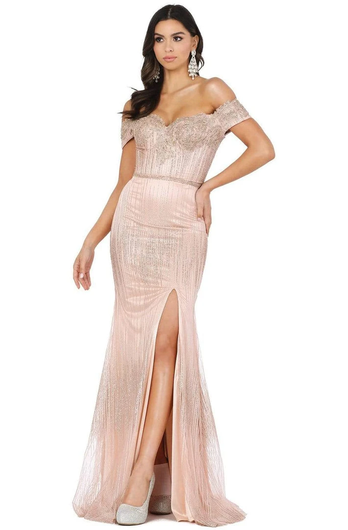 Dancing Queen - 4071 Off-Shoulder Metallic Appliqued High Slit Gown 6 Dancing Queen - 4071 Off-Shoulder Metallic Appliqued High Slit Gown