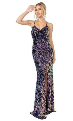 Dancing Queen - 4135 V Neck Sequined Evening Dress