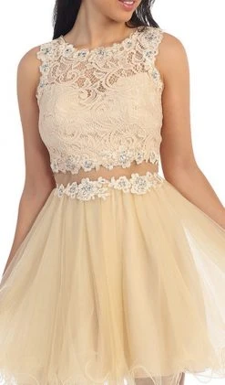 Dancing Queen - 9080 Bejeweled Lace Illusion Short Prom Dress