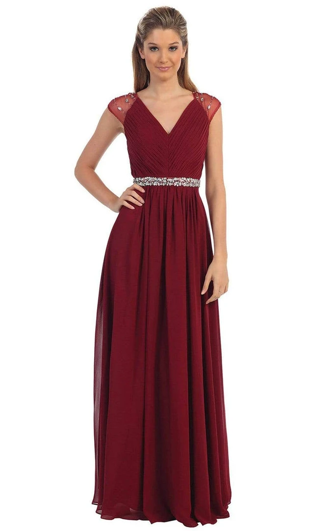 Dancing Queen - 9182 Illusion Cap Sleeve Pleated V-Neck Chiffon Evening Dress 9 Dancing Queen - 9182 Illusion Cap Sleeve Pleated V-Neck Chiffon Evening Dress