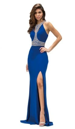 Dancing Queen - 9285 Sculpted Jewel-Encrusted High Slit Prom Dress