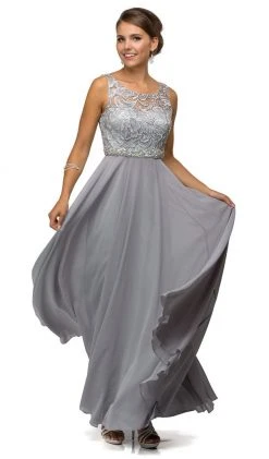 Dancing Queen - 9325 Embroidered Lace Scoop Neck Chiffon Prom Dress